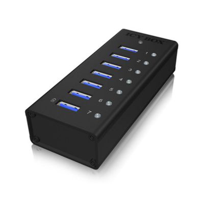 image ICY BOX Hub USB 3.0 7 ports avec adaptateur secteur 12 V / 3 A, boîtier en aluminium et port de charge USB, IB-AC618