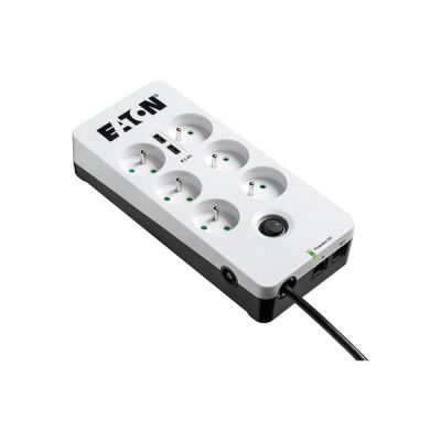 image Eaton Multiprise/Parafoudre - Eaton Protection Box 6 Tel@ USB FR - PB6TUF - 6 prises FR + 1 prise téléphonique + 2 ports USB - Blanc & Noir