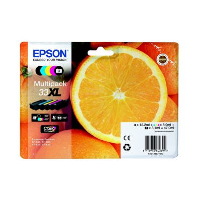 image Epson Multipack 33XL Orange, Cartouches d'encre d'origine XL Haute capacité, 5 couleurs: Noir, Cyan, Magenta, Jaune, Noir photo, XP-530, XP-540, XP-630, XP-635, XP-640, XP-645, XP-830, XP-900, XP-7100