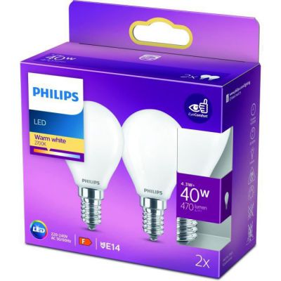 image Philips ampoule LED Sphérique E14 40W Blanc Chaud Dépolie, Verre, Lot de 2