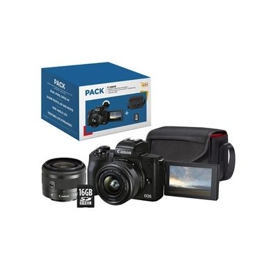 image Appareil photo hybride Canon Pack EOS M50 Mark II Noir + EF-M 15-45 mm f/3.5-6.3 IS STM + Etui + Carte SD 16 Go