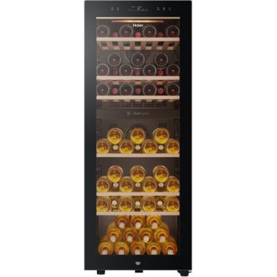 image Haier HWS77GDAU1 Cave à vin réfrigéré, 77 bouteilles, lumières LED et verre anti-UV, étagères en bois, 49,7 x 58,5 x 127 cm, classe G, noir