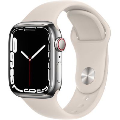 image Apple Watch Series 7 (GPS + Cellular, 41mm) Montre connectée - Boîtier en Acier Inoxydable Argent , Bracelet Sport lumière stellaire - Regular. Suivi de l’activité Physique, résistance à l’Eau