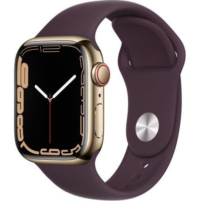 image Apple Watch Series 7 (GPS + Cellular) Boîtier en Acier Inoxydable Or de 41 mm, Bracelet Sport Cerise Noire - Regular