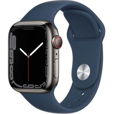 image Apple Watch Series 7 (GPS + Cellular) Boîtier en Acier Inoxydable Graphite de 41 mm, Bracelet Sport Bleu Abysse - Regular