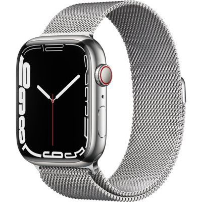 image Apple Watch Series 7 (GPS + Cellular, 45mm) Montre connectée - Boîtier en Acier Inoxydable Argent, Bracelet Milanais Argent. Suivi de l’activité Physique, résistance à l’Eau