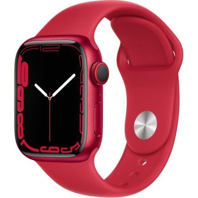 image Apple Watch Series 7 (GPS + Cellular, 41mm) Montre connectée - Boîtier en Aluminium (Product) Red , Bracelet Sport (Product) Red - Regular. Suivi de l’activité Physique, résistance à l’Eau