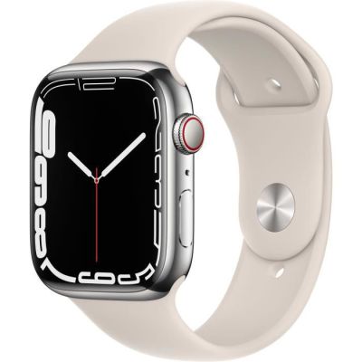image Apple Watch Series 7 (GPS + Cellular, 45mm) Montre connectée - Boîtier en Acier Inoxydable Argent , Bracelet Sport lumière stellaire - Regular. Suivi de l’activité Physique, résistance à l’Eau