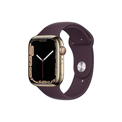 image Apple Watch Series 7 (GPS + Cellular, 45mm) Montre connectée - Boîtier en Acier Inoxydable Or, Bracelet Sport Cerise Noire - Regular. Suivi de l’activité Physique, résistance à l’Eau