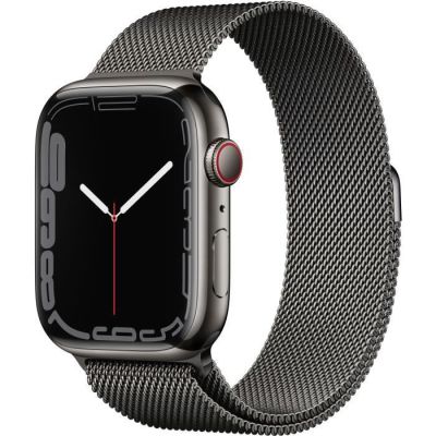 image Apple Watch Series 7 (GPS + Cellular, 45mm) Montre connectée - Boîtier en Acier Inoxydable Graphite, Bracelet Milanais Graphite. Suivi de l’activité Physique, résistance à l’Eau