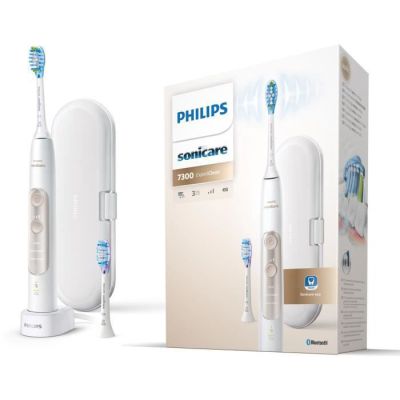 image Philips Brosse à dents electrique Connectée ExpertClean 7300, Capteur de pression intégré, 3 modes et 3 intensités, Housse de voyage incluse - Blanc & Or (modèle HX9601/03)