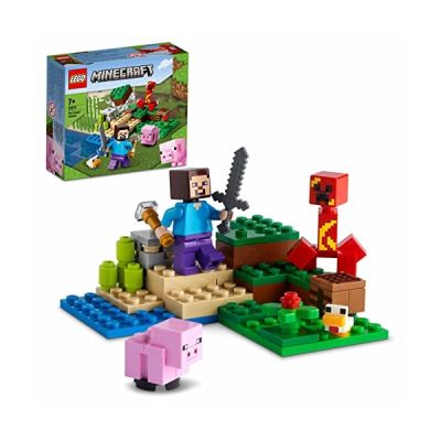 LEGO 21177 Minecraft L’embuscade du Creeper, Set avec Minifigures Steve, Bébé Cochon et Poulet, Jouets pour Enfants +7 Ans