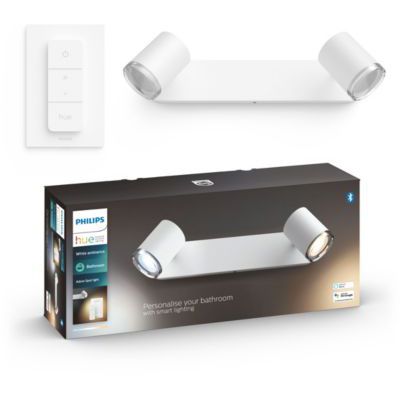 image Philips Hue White Ambiance ADORE Spot barre tube 2x5.5W salle de bain, compatible Bluetooth - Blanc (télécommande incluse), fonctionne avec Alexa, Google Assistant et Apple Homekit