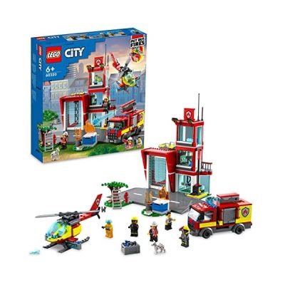 LEGO 60320 City Fire La Caserne des Pompiers, Set avec Garage, Jouet Camion et Hélicoptère pour Les Enfants dès 6 Ans
