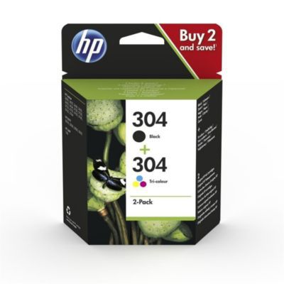 image HP 304 pack de 2, cartouches d'encre Noire et Trois Couleurs (Cyan, Magenta, Jaune) Authentique (3JB05AE) pour imprimantes HP DeskJet et HP ENVY