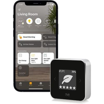 image Eve Room – Sensor de calidad del aire para interior para registrar la calidad del aire (COV), temperatura y humedad, tecnología Apple HomeKit, Bluetooth, Thread