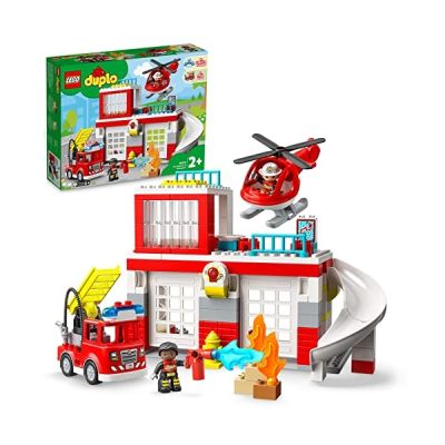 image LEGO Duplo La Caserne Et L’Hélicoptère des Pompiers - Jouet Camion Push & Go - Jeux Construction Enfant 2 Ans - Larges Briques pour Faciliter la Motricité Fine - Idée Cadeau Garçon et Fille 10970