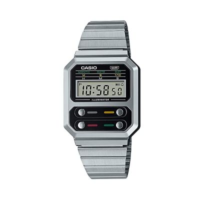 image Casio Montre Quartz Unisexe 40.70mm avec Cadran Digital Dial Digitale et Bracelet en Bracelet en Acier Argent A100WE-1AEF