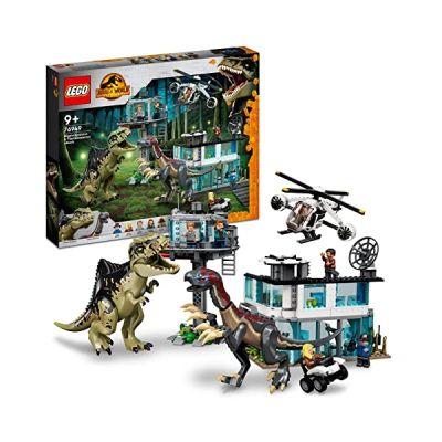 LEGO 76949 Jurassic World L’Attaque du Giganotosaurus et du Therizinosaurus, Jouet de Construction avec Dinosaure, Hélicoptère et Buggy, Inclut 6 Minifigurines, Cadeau pour Enfants Dès 9 Ans
