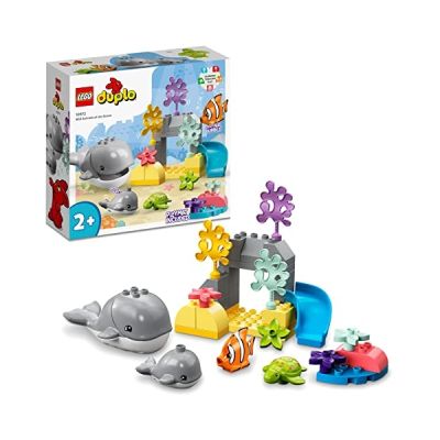 image LEGO 10972 Duplo Animaux Sauvages de l’Océan, Jouet sous Les Mers pour Enfants de 2 Ans, 2 Figurines de Baleines, Tortue et Poisson, avec Tapis de Jeu