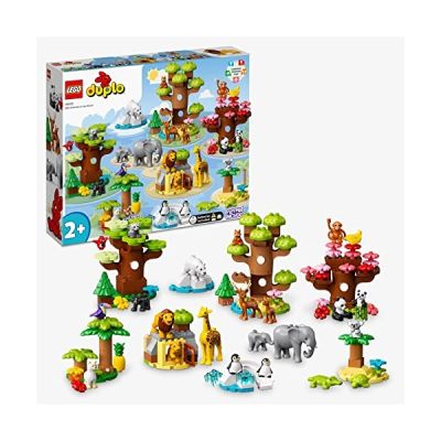 image LEGO 10975 Duplo Animaux Sauvages du Monde, Jouet Éducatif pour Enfants 2 Ans, 22 Figurines de Lions, Daims, Alpaga, avec Tapis de Jeu sur Le Monde