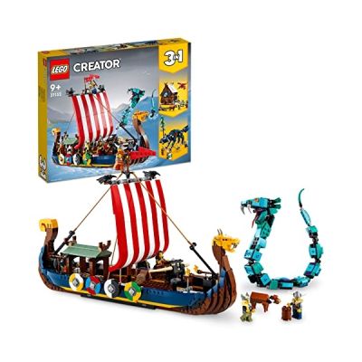 image LEGO 31132 Creator 3-en-1 Le Bateau Viking et Le Serpent de Midgard: Set Transformable en Maison avec Dragon ou Loup, Jouet Multifonction Stimulant l'Imagination, Idée Cadeau pour Enfants