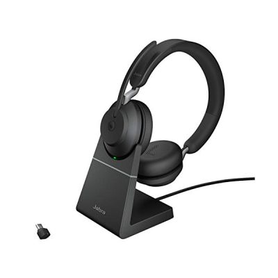 image Jabra Evolve2 65 Wireless PC Headset with Charging Stand – Noise Cancelling Microsoft Teams Certified Stereo Headphones With Long-Lasting Battery – USB-C Bluetooth Adapter – Black