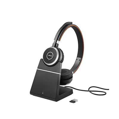 image Jabra Evolve 65 Wireless Stereo On-Ear Headset – Unified Communications Optimised Headphones with Long-Lasting Battery and Charging Stand – USB Bluetooth Adapter – black