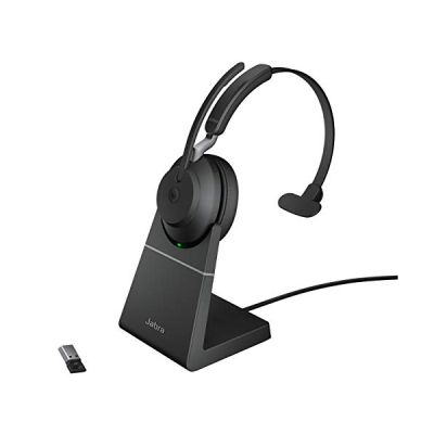 image Jabra Evolve2 65 Wireless PC Headset with Charging Stand – Noise Cancelling Microsoft Teams Certified Mono Headphones With Long-Lasting Battery – USB-A Bluetooth Adapter – Black