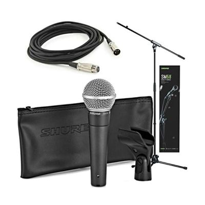 image Shure SM58 Quality Bundle with SM58 Cardioid Dynamic Vocal Microphone, 15' XLR Cable, Mic Stand, A25D Mic Clip and Storage Bag, Perfect for Onstage or Studio (SM58-KM-SOM)