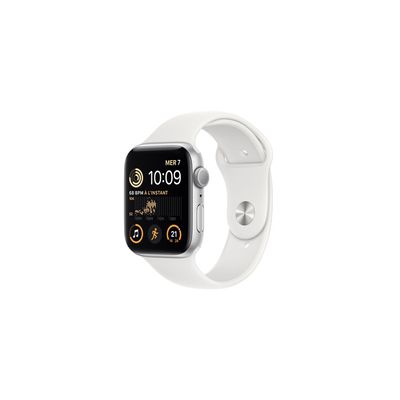 image Apple Watch SE (2ᵉ génération) (GPS, 44mm) Montre connectée - Boîtier en Aluminium Argent, Bracelet Sport Blanc - Regular. Suivi de la Forme Physique et du Sommeil, détection des Accidents