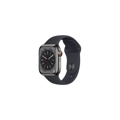 image Apple 2022 Watch Series 8 GPS + Cellular, Boîtier en Acier Inoxydable Graphite de 41 mm, Bracelet Sport Minuit - Regular