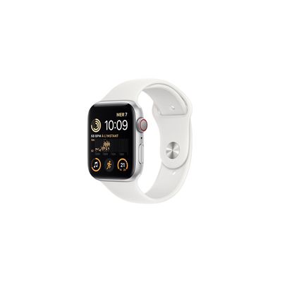 image Apple Watch SE (2ᵉ génération) (GPS + Cellular, 44mm) Montre connectée - Boîtier en Aluminium Argent, Bracelet Sport Blanc - Regular. Suivi de la Forme Physique et du Sommeil, détection des Accidents