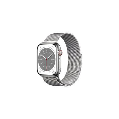 image Apple Watch Series 8 GPS + Cellular, Boîtier en Acier Inoxydable Argent de 45 mm, Bracelet Milanais Argent