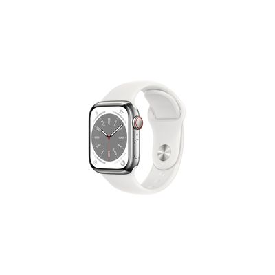 image Apple Watch Series 8 GPS + Cellular, Boîtier en Acier Inoxydable Argent de 41 mm, Bracelet Sport Blanc - Regular