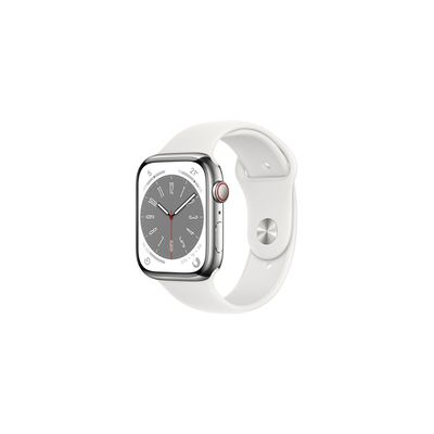 image Apple Watch Series 8 GPS + Cellular, Boîtier en Acier Inoxydable Argent de 45 mm, Bracelet Sport Blanc - Regular