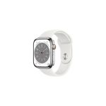 image produit Apple Watch Series 8 GPS + Cellular, Boîtier en Acier Inoxydable Argent de 45 mm, Bracelet Sport Blanc - Regular