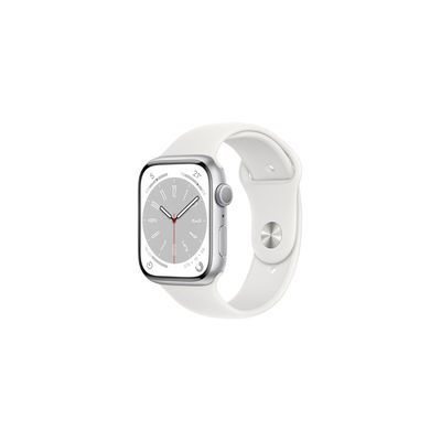 image Apple Watch Series 8 GPS, Boîtier en Aluminium Argent de 45 mm, Bracelet Sport Blanc - Regular