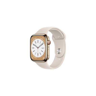 image Apple Watch Series 8 GPS + Cellular, Boîtier en Acier Inoxydable Or de 45 mm, Bracelet Sport lumière stellaire - Regular