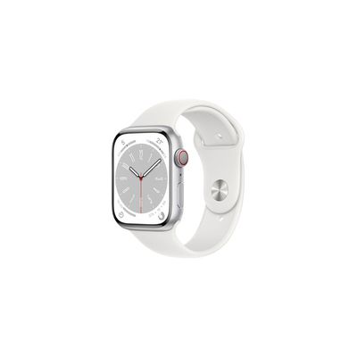 image Apple Watch Series 8 GPS + Cellular, Boîtier en Aluminium Argent de 45 mm, Bracelet Sport Blanc - Regular