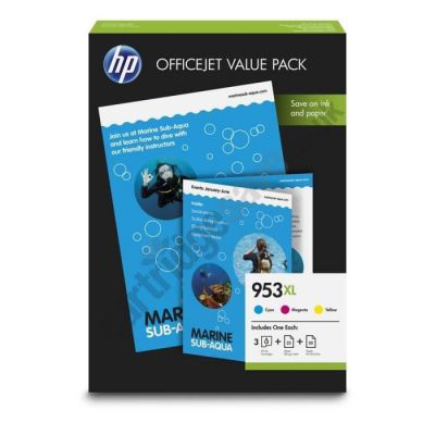 image Pack Economique HP 953XL Office - 75 feuilles/A4/210 x 297 mm et 3 Cartouches d'Encre Cyan, Magenta et Jaune Authentiques, pour HP OfficeJet Pro 8710/8715/8720 (1CC21AE)