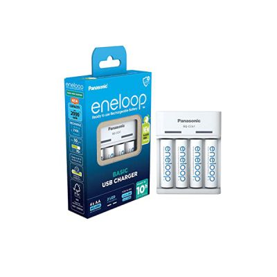 image eneloop Basic Chargeur USB, pour 2 ou 4 Piles Rechargeables AA/AAA, 10h de Temps de Charge, 6 Fonctions de sécurité, 4 eneloop Piles AA (2000 mAh) incluses