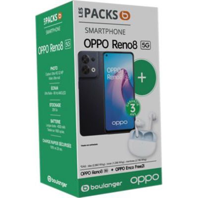 image Smartphone OPPO Pack Reno8 Noir 5G + Enco Free 2i Blanc