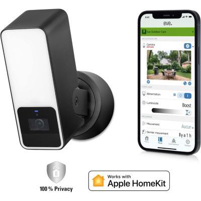 image Eve Outdoor Cam – caméra projecteur sécurisée, sécurité et confidentialité maximales (HomeKit Secure Video), 1080p, vision nocturne, Wi-Fi (2,4 GHz), détecteur de mouvement