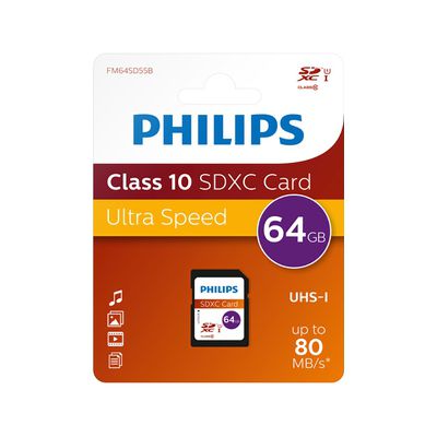 image Philips Ultra Speed Carte SDXC 64 Go UHS-I U1, Vitesse de Lecture jusqu'à 80 Mo/s, V10, Carte mémoire pour Appareil Photo, Tablette, Ordinateur Personnel, Lecteur de Carte, vidéo Full HD