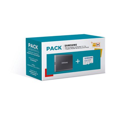 image SSD externe Samsung PACK SSD T7 1TO + CARTE MICRO SD 64GO EVO PLUS