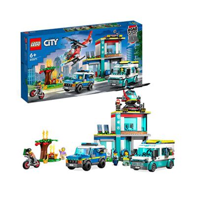 LEGO 60371 City Le QG des Véhicules d’Urgence, avec Hélicoptère de Pompier, Jouet Camion Ambulance, Moto et Voiture de Police, pour Enfants Dès 6 Ans