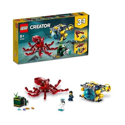LEGO 31130 Creator 3 en 1 Jeu de 3 animaux géants avec pieuvre, homard, raie manta, 2 mini-figurines dont une figurine squelette, 522 pièces 8+