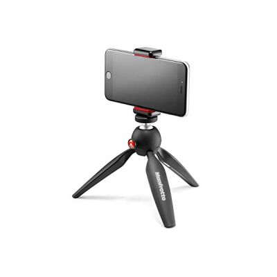 Manfrotto PIXI Mini Trépied avec Support Universel Smartphone, Trépied de Table Compact pour iPhone, Vlogging, Vidéo, Compatible avec Coques, Fabriqué en Italie, Noir, MKPIXICLAMP-BK
