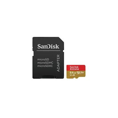 image SanDisk 64 Go Extreme carte microSDXC pour caméras embarquées et drones + Adaptateur SD + RescuePRO Deluxe, jusqu'à 170 Mo/s, avec performances A2 App, UHS-I , Classe 10, U3, V30